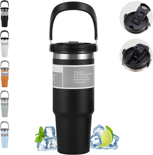 900ML Stainless Steel Insulated Travel Tumbler with Handle & Lid | Leakproof Hot & Cold Coffee Mug | BPA Free Vacuum Flask Bottle | Multicolor