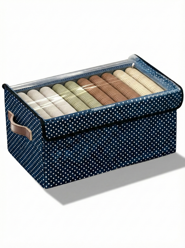 Foldable Polka Dot Clothes Storage Organizer Box with Transparent Window & Handles | Wardrobe Storage Bag for Clothes, Sarees & Blankets