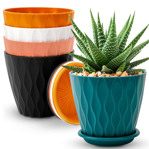 Premium Textured Plastic Flower Pots with Tray | Stylish Indoor & Outdoor Planters Set